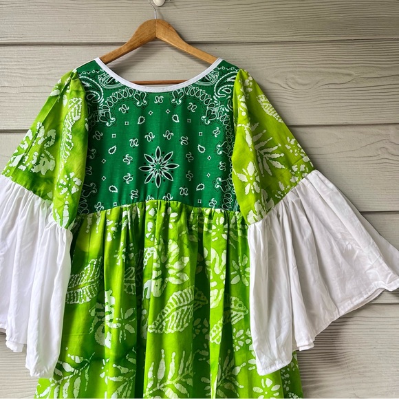 Handmade Wide Sleeves Maxi Bandana Dress SKU 11091 Green White - Picture 8 of 16